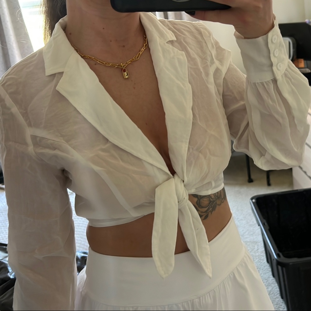 Sheer White Tie-Front Blouse